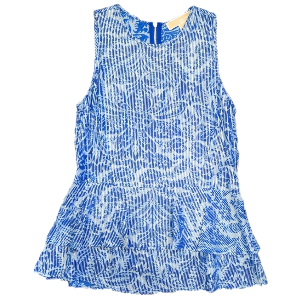 Michael Kors Blue & Silver Metallic Floral Sleeveless Peplum Top Blouse XS